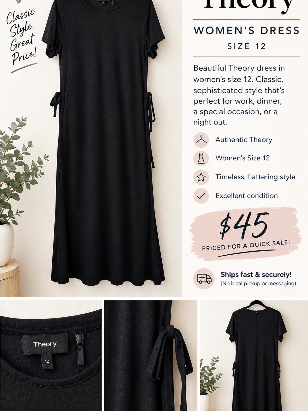 Theory Black Short-Sleeve Tie-Detail Midi Dress